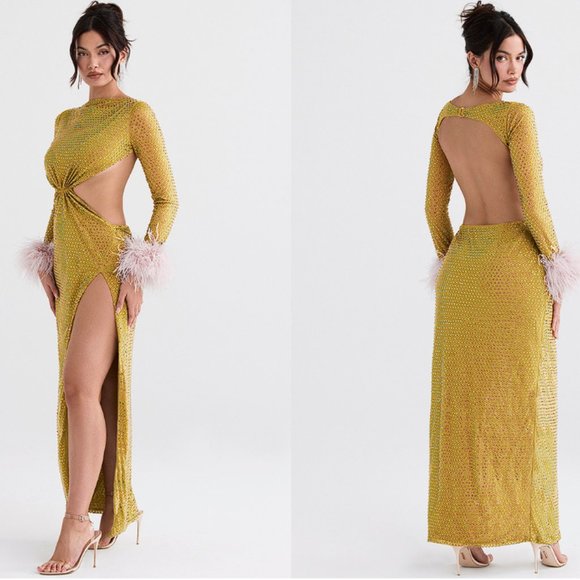 HOUSE OF CB 'Gina' Feathered Chartreuse Crystallised Maxi Dress NWOT - Picture 2 of 10